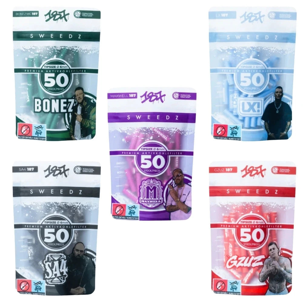 187 Strassenbande Sweedz Aktivkohlefilter 6mm, 50 Stück, alle 5 Künstler-Editionen: Bonez MC (grün), Maxwell (lila), LX (hellblau), SA4 (schwarz-weiß) und Gzuz (rot), weißer Hintergrund